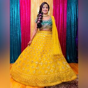 Green & Yellow Mirror Work Lehenga